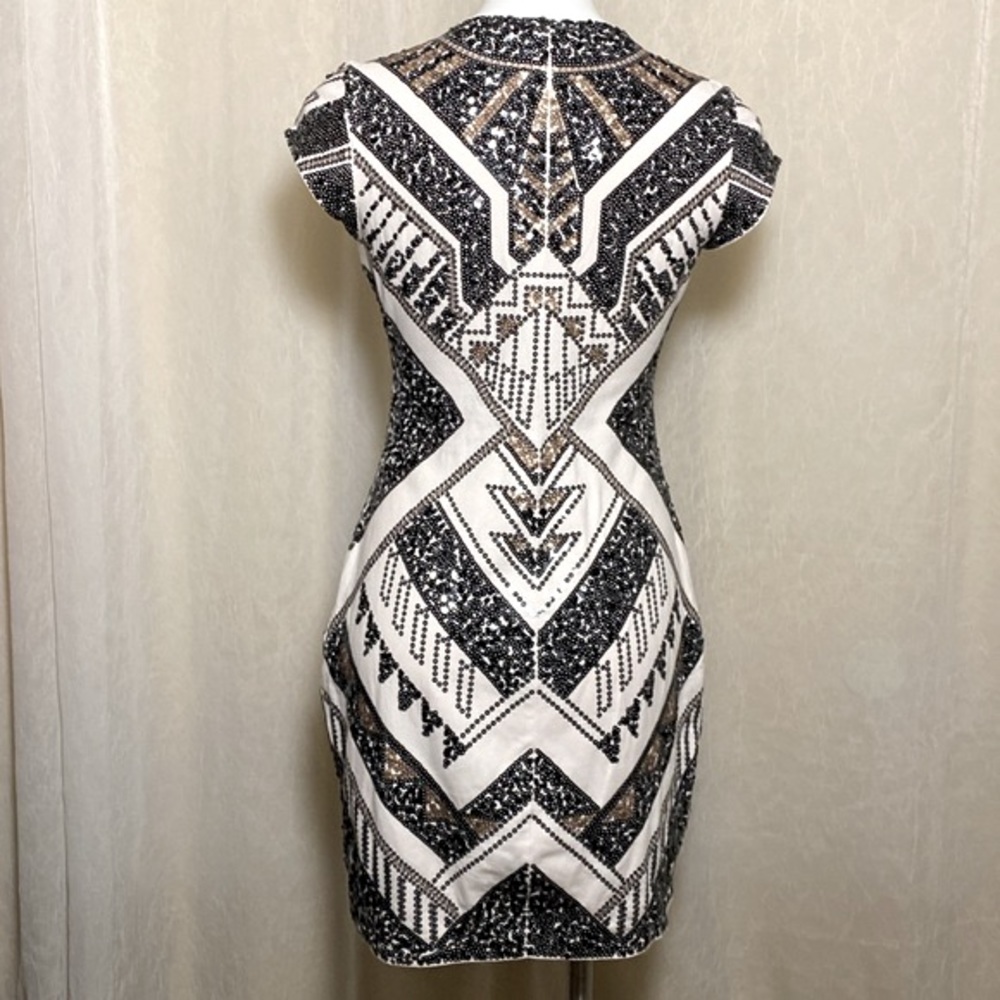 Express cocktail dress cream in color with black and gold sequins. Medium - Picture 3 of 13